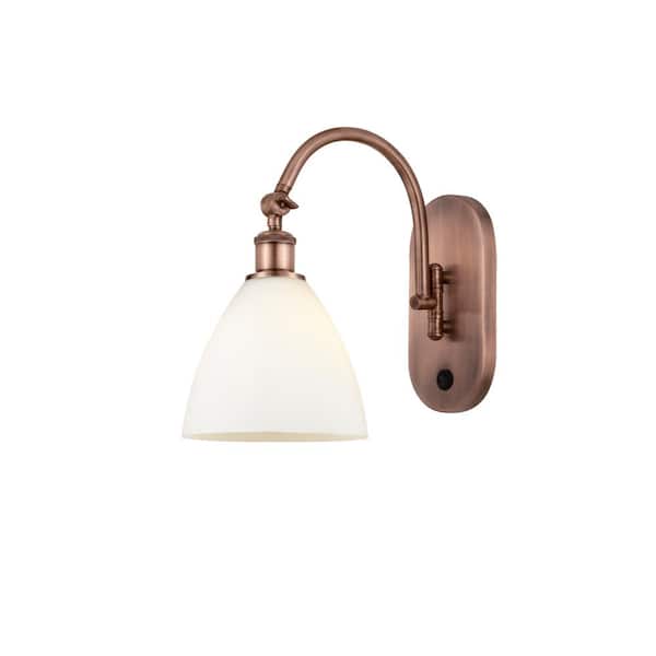 Bristol Glass 1-Light Antique Copper, Matte White Wall Sconce with White Glass Shade