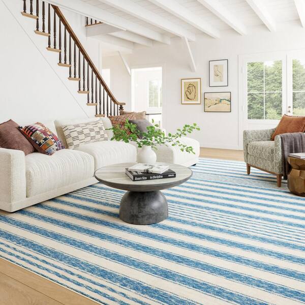Vion Coastal Striped Machine Washable Blue 2 ft. x 3 ft. Indoor
