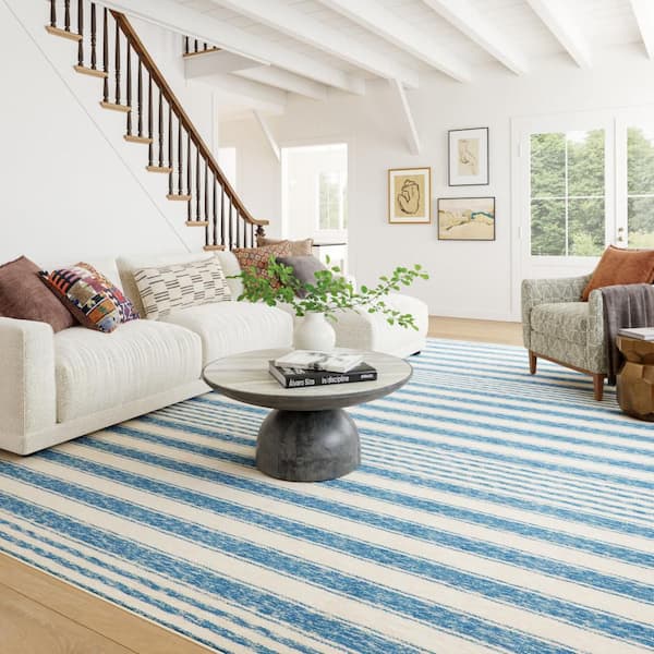 9 ft. x 12 ft. Blue Vion Coastal Striped Machine Washable Indoor Area Rug