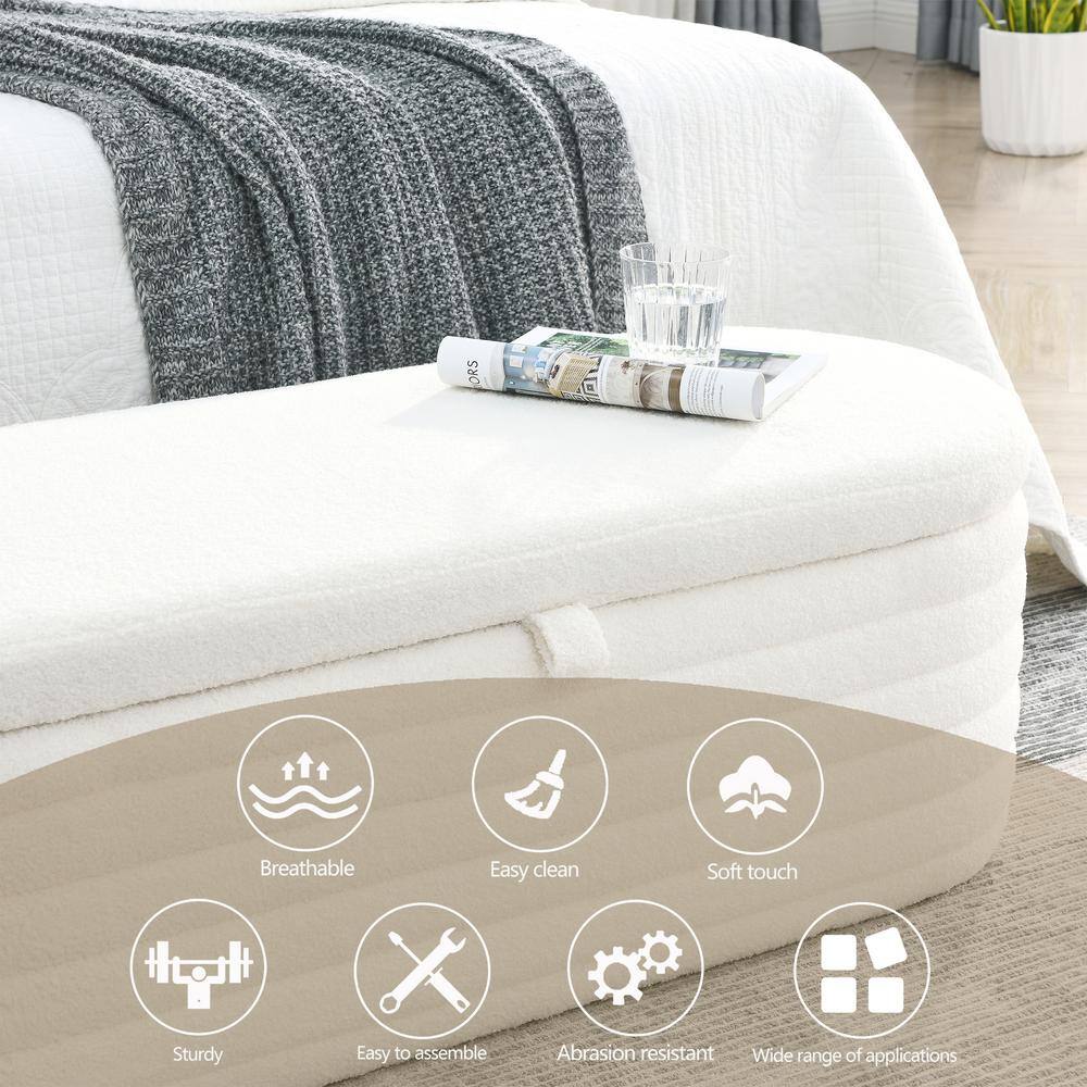 Cream White Upholstered Oval Storage Ottoman Bench