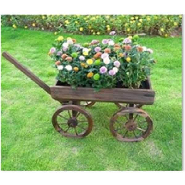 2 cu. ft. Wood/Plastic Garden Cart Wagon Flower Planter Pot Stand with Wheels