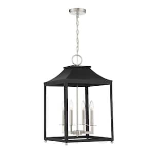 Meridian 15.25 in. W x 25.5 in. H 4-Light Matte Black with Polished Nickel Accents Open Lantern Pendant Light