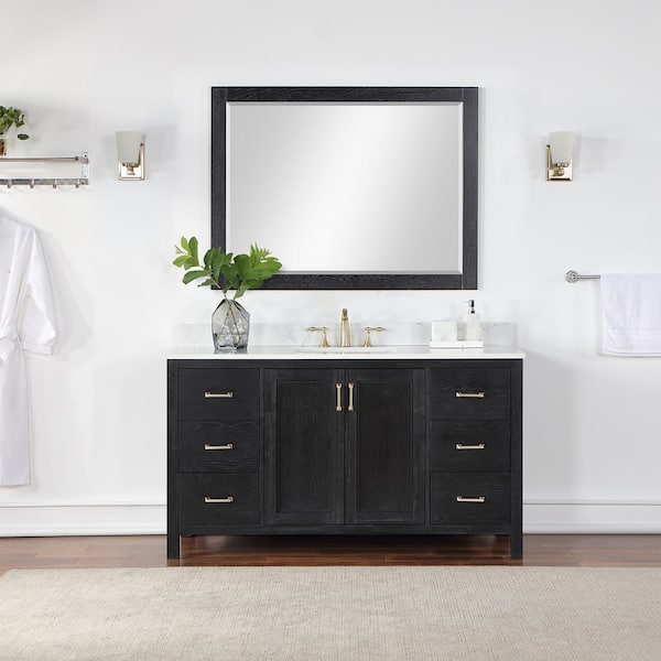 Altair Hadiya 60 in. W x 22 in. D x 34 in. H Single Sink Bath Vanity in Black Oak with White Composite Stone Top and Mirror