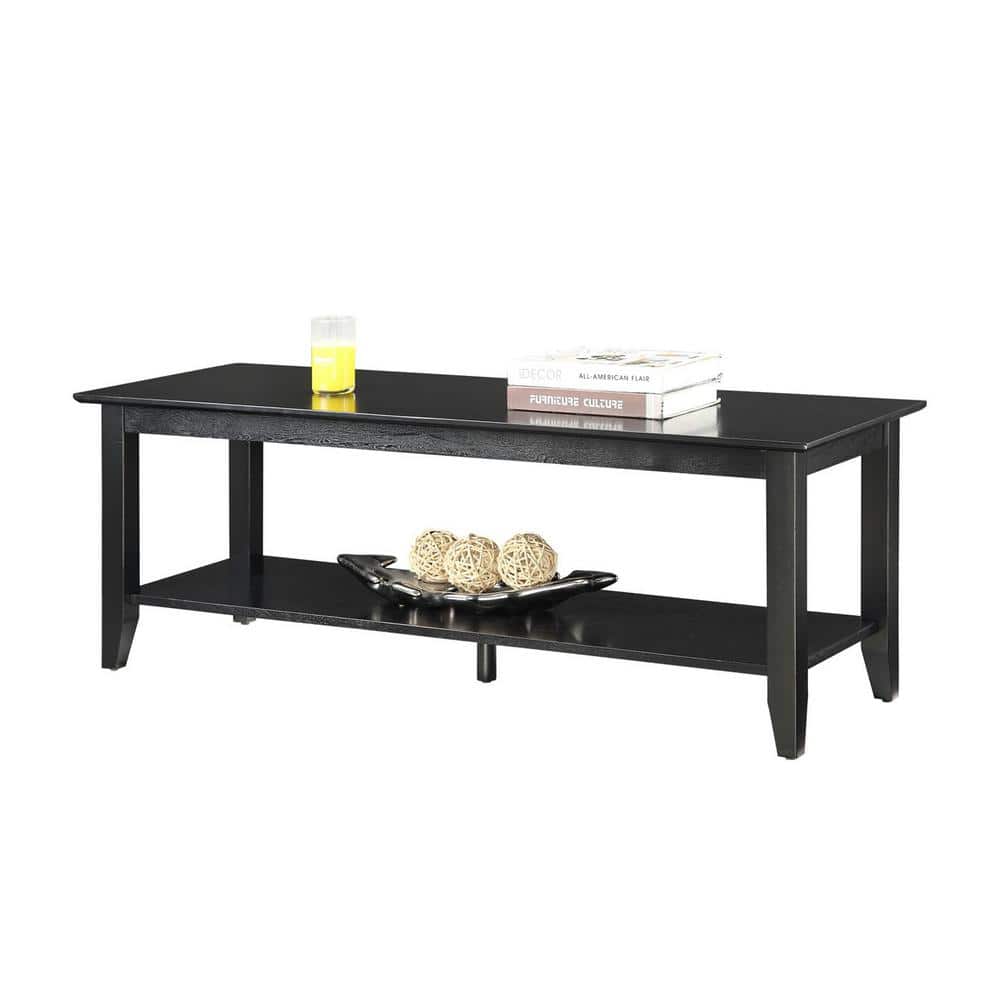 48" Black Rectangular Wood Coffee Table with Storage Shelf