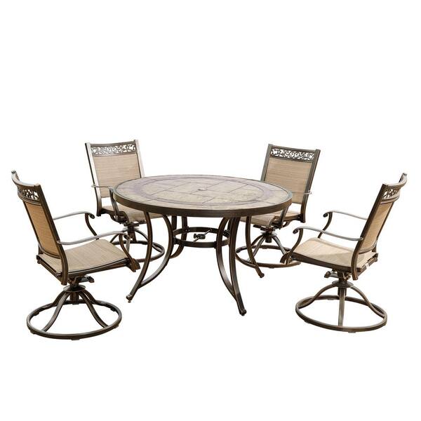 Boyel Living Brown 5-Piece Patio Outdoor Dining Set with 4 Swivel Brown Sling Chair and 48 in. Round Crafttech Top Aluminum Table
