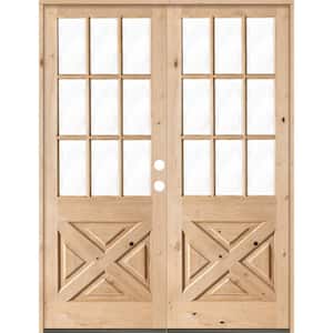 64 in. x 96 in. Knotty Alder 2 Panel Left-Hand/Inswing 1/2 Lite Clear Glass Unfinished Double Wood Prehung Front Door