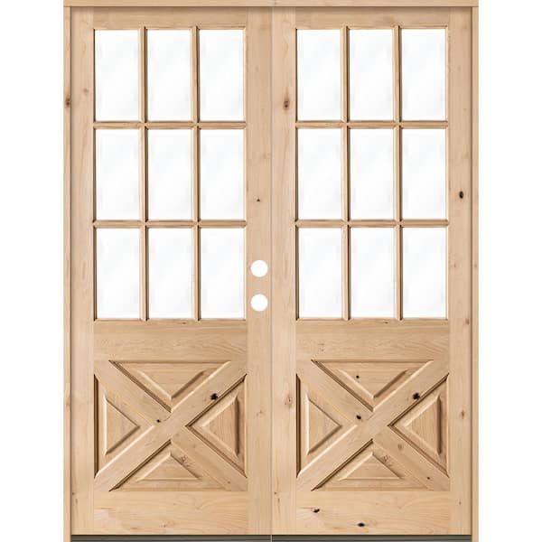 Krosswood Doors 64 in. x 96 in. Knotty Alder 2 Panel Left-Hand/Inswing 1/2 Lite Clear Glass Unfinished Double Wood Prehung Front Door