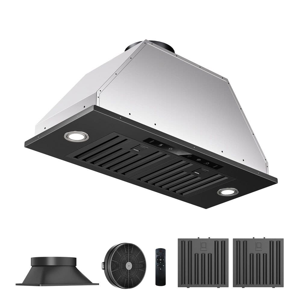 28 in. 600 CFM Convertible Insert Range Hood w/ Powerful Suction Baffle Filter Gesture Control in Black Stainless Steel