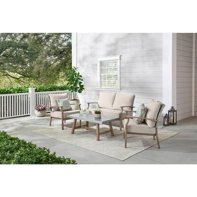 Beachside 4-Piece Rope Look Wicker Outdoor Patio Conversation Seating Set with CushionGuard Almond Tan Cushions
