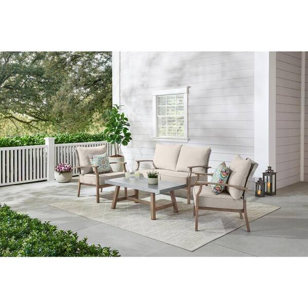 Hampton Bay Beachside 4 Piece Rope Look Wicker Outdoor Patio Conversation Seating Set With Cushionguard Almond Tan Cushions 2111 Co The Home Depot Hampton Bay Beachside 4 Piece Rope Look, Dillards Outdoor Patio Furniture
