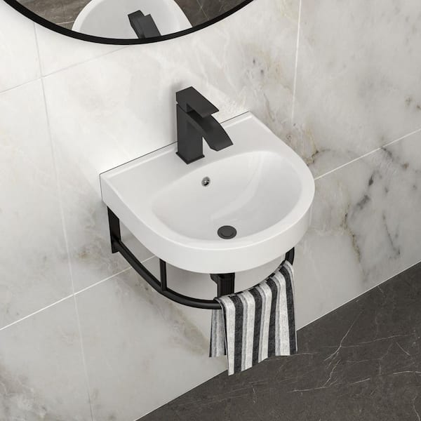 Lipel 16 in. Wall Mount Bathroom Sink White Ceramic with Black Towel Bar and Black Faucet