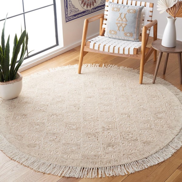 Ikat 6 ft. x 6 ft. Round Ivory/Sage Border Diamond Area Rug