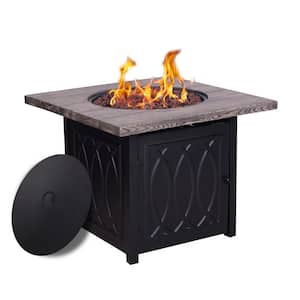 Black Steel 32 in. Square Faux Wood Grain Texture Tabletop Propane Gas Fire Pit Table with lid