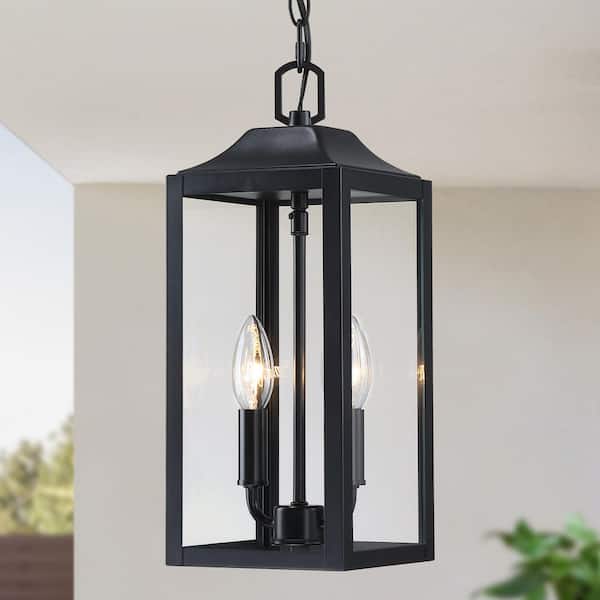 Transitional 15.43 in. 2-Light Black Outdoor Metal Pendant Light with Clear Glass Shade
