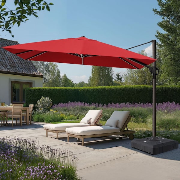 Pellebant 11.5 ft. x 9 ft. Aluminum Cantilever Patio Umbrella Swivel Rectangular Offset 360° Rotation Umbrella in Red with Stand