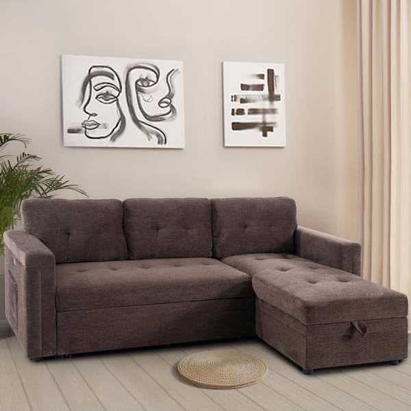 HOMESTOCK 54 in. Reversible Sleeper Microfiber Rolled Arm Sectional Sofa with Storage and USB Ports in Espresso