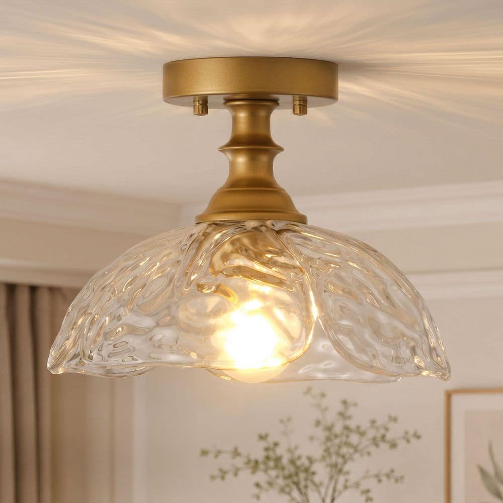 Vintage 10.83 in. 1-Light Dome Brushed Brass Semi-Flush Mount Modern Close to Ceiling Light with Glass Shade For Foyer price history on PriceWatchPro