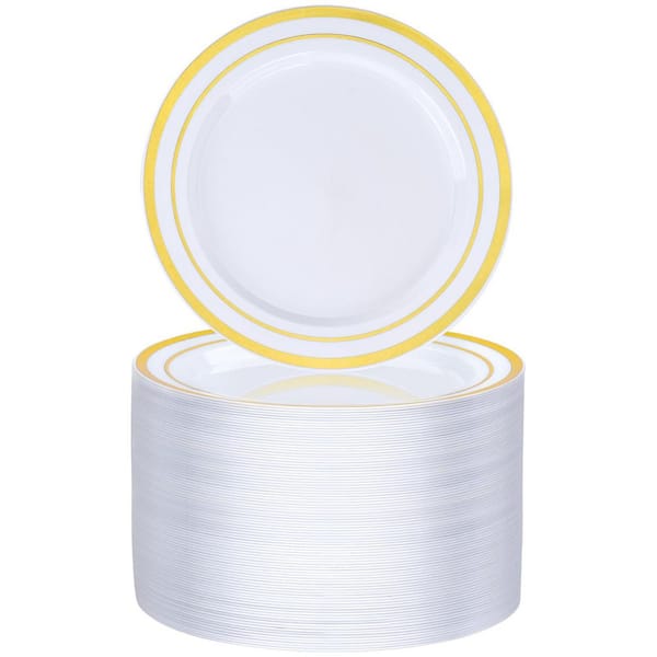 7-Inch Gold Rim Disposable Plastic Dessert Plates, 100-Count, Heavy Duty Party Tableware for Weddings