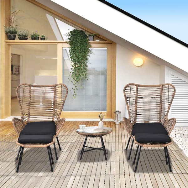 Tunearary 5-Piece PE Wicker Rattan Patio Outdoor Conversation Set with Stools, Glass Tea Table and Dark Gray Cushions