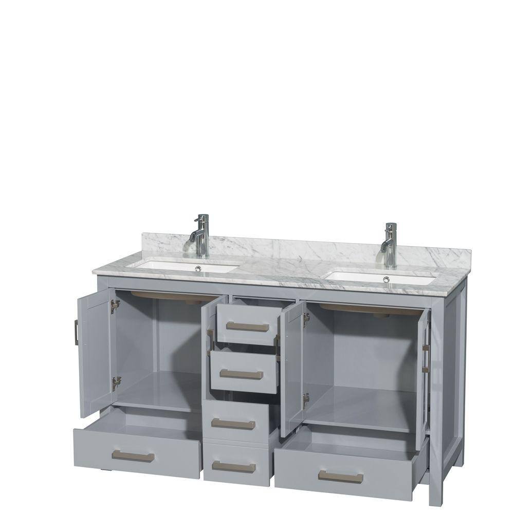 Sheffield 60'' Gray Double Freestanding Bathroom Vanity with White Carrara Stone Top