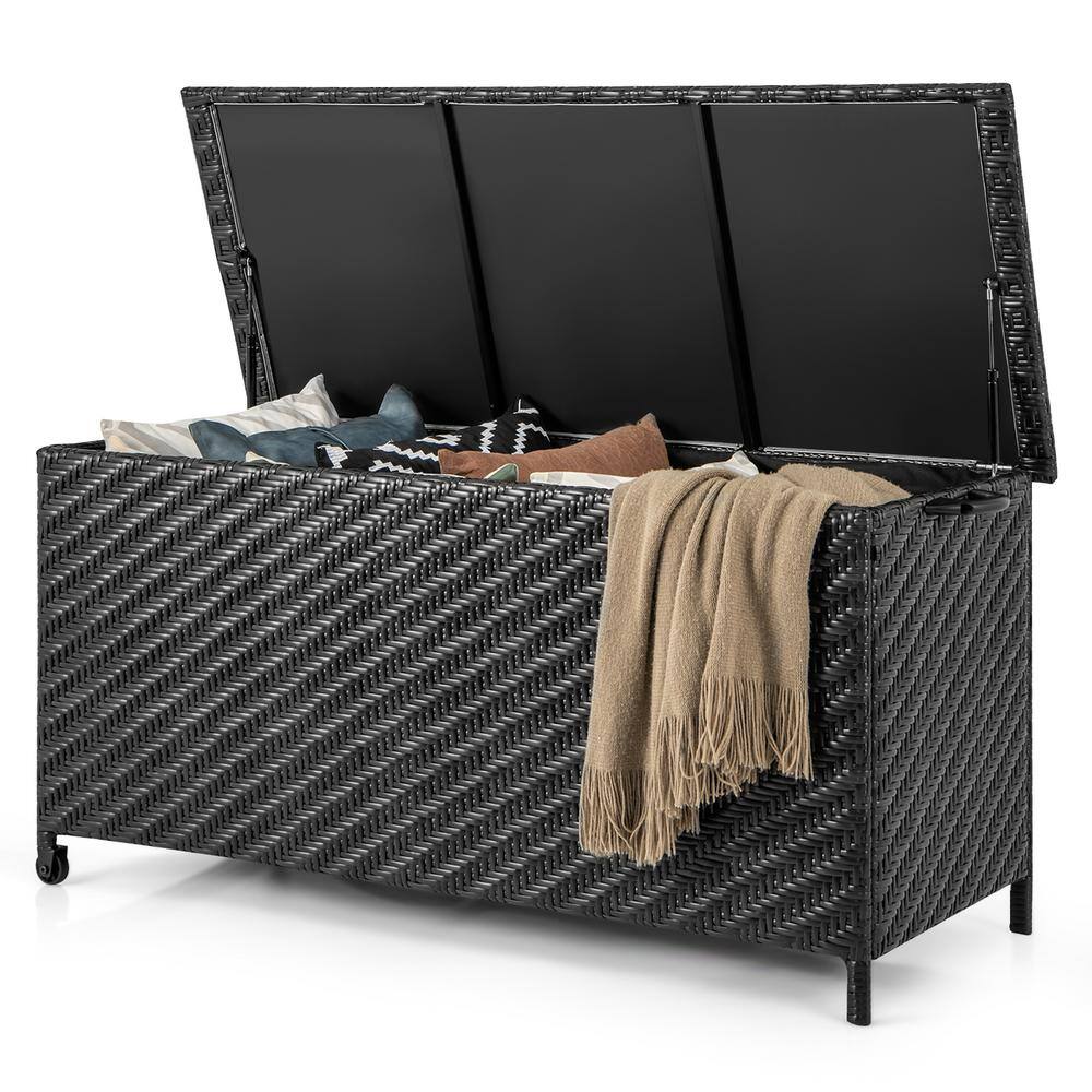 Black Wicker Outdoor Deck Storage Box with Wheels