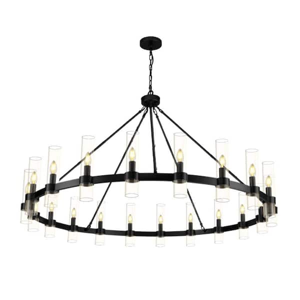 20-Light 60 in. Dimmable Wagon Wheel Black Chandelier, with Glass Shade, for Living Room, Dining Room, Bedroom and Foyer
