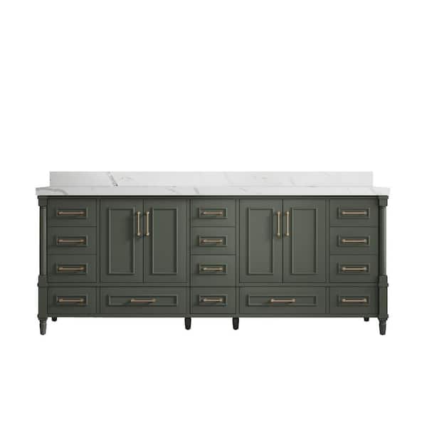 Willow Collections Hudson 84 in. W x 22 in. D x 36 in. H Double Sink Bath Vanity in Pewter Green with 2 in Calacatta Quartz Top
