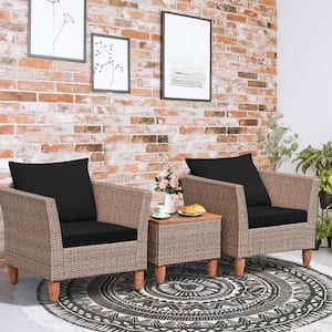 3-Piece Rattan Patio Conversation Furniture Set with Wooden Feet Black Cushions