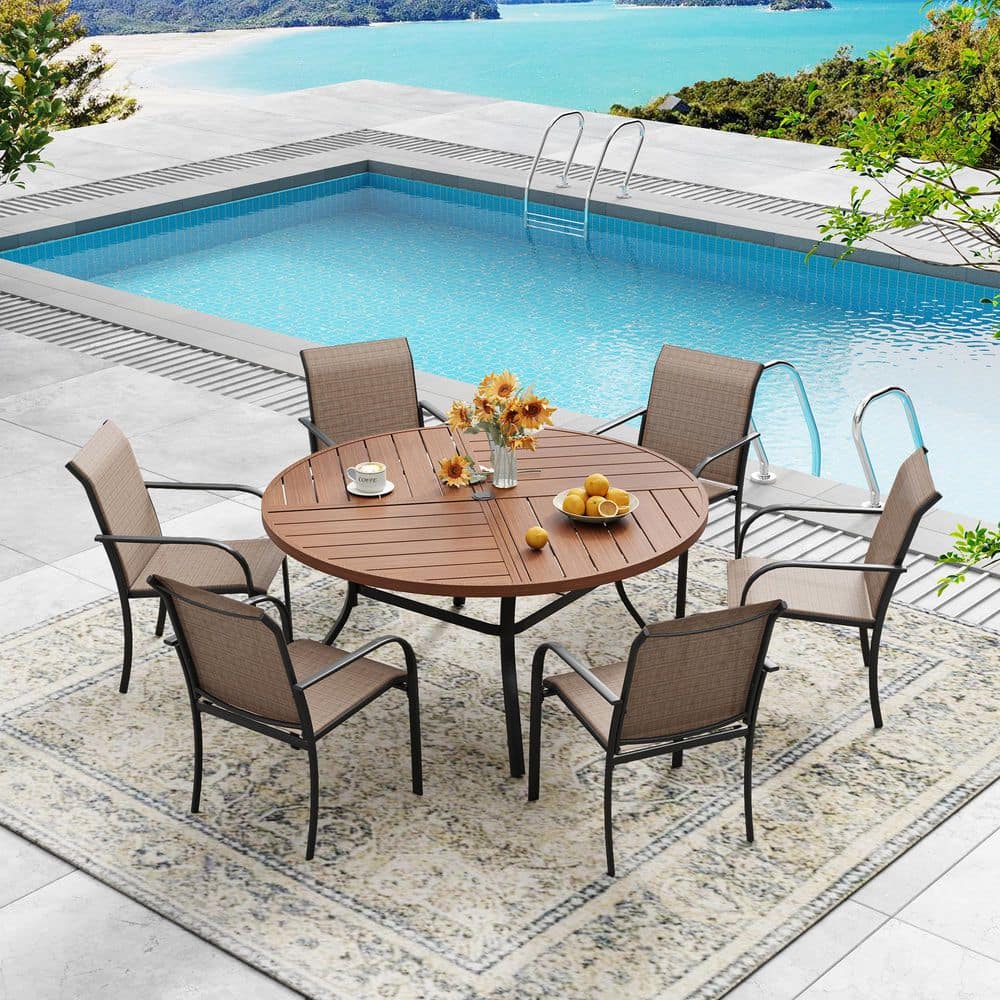 7-Piece Outdoor Patio Dining Set with 50 in. Walnut Round Table and 6-Brown Dining Chairs price history on PriceWatchPro