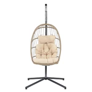 Outdoor 1-Person Wicker Egg Swing Chair with Stand, Porch Swing Foldable Hammock Chair for Garden Beige