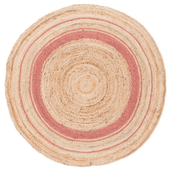 SAFAVIEH Natural Fiber Pink/Beige 5 ft. x 5 ft. Woven Border Round Area Rug