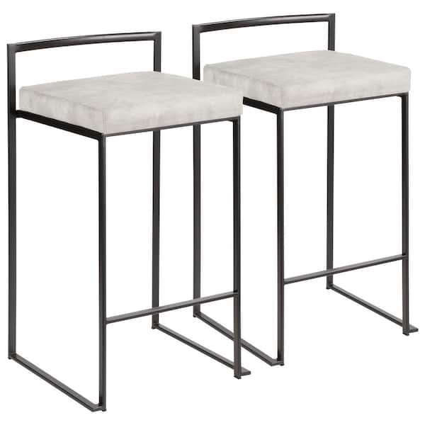 Lumisource Fuji 26 in. Black Stackable Counter Stool with Light Grey Cowboy Fabric Cushion (Set of 2)