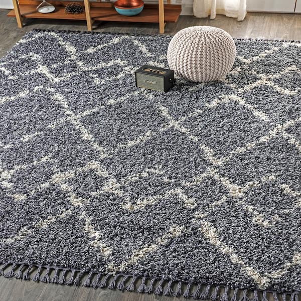 JONATHAN Y Mercer Shag Plush Tassel Moroccan Tribal Geometric Trellis Denim Blue/Cream 3 ft. x 5 ft. Area Rug