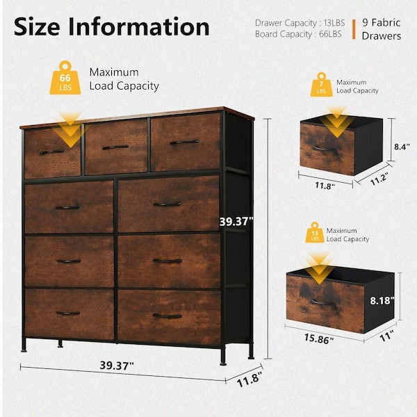 WONDER COMFORT Rust Brown 9-Drawer 11.8 in. W Chest of Drawers