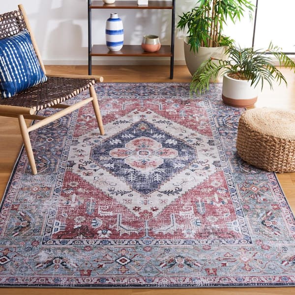 Tuscon Rust/Navy 8 ft. x 10 ft. Machine Washable Distressed Medallion Floral Area Rug