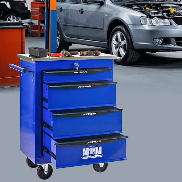 13.58 in. W 4 Drawer Rolling Blue & Black Metal Tool Carts w/ Ball Bearing Drawer Slides & Steel Tool Storage Organizer