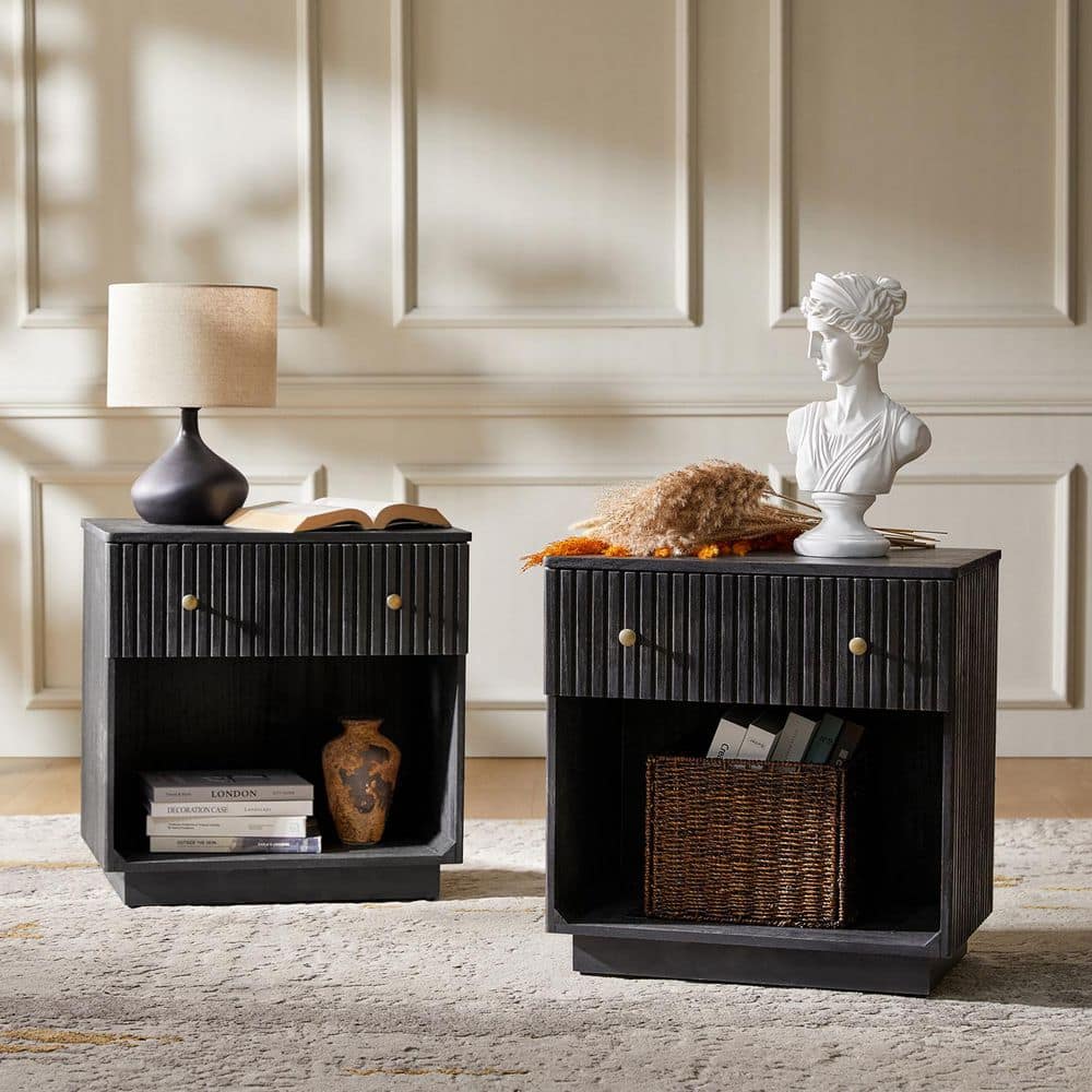 Jade Charcoal 24.25"Tall 1-Drawer Solid Wood Nightstand with Fully Assembled(Set of 2)