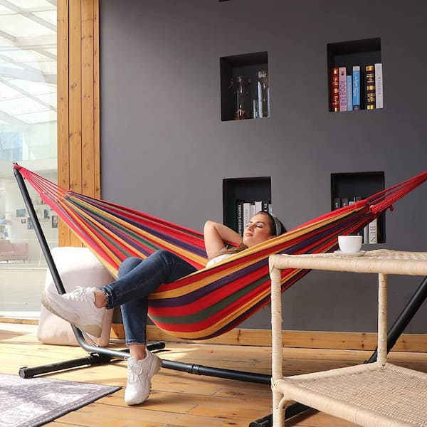 Hamac De Camping Portable Avec Barres Anti-retournement Et Sangles - Multicolore