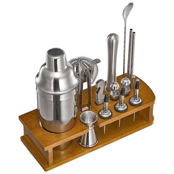 Cocktail Shaker Set, 18-Piece Stainless Steel Bar Tools with Bamboo Stand, Martini Bartender Kit Accessories