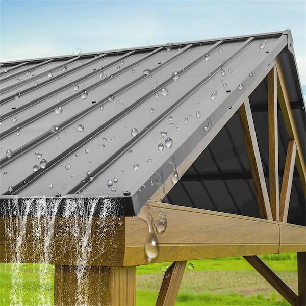 12 ft. x 14 ft. Brown Aluminum Frame Patio Gazebo Canopy Shelter with Galvanized Steel Hardtop Roof for Deck Backyard
