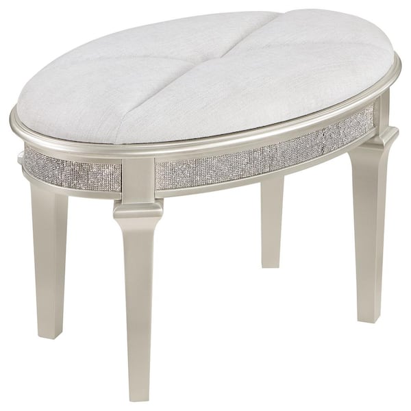 Coaster Evangeline Oval Vanity Stool with Faux Diamond Trim Silver and Ivory