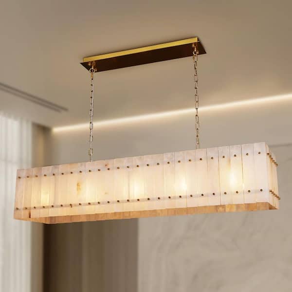 53 in. 10-Light White Alabaster Chandelier Modern Rectangle Natural Marble Chandelier Dining Room Living Room Entryway