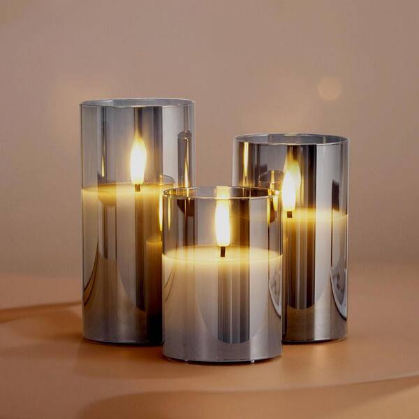SKYSHALO Gray Flickering Flameless Candles Set of 3 Battery