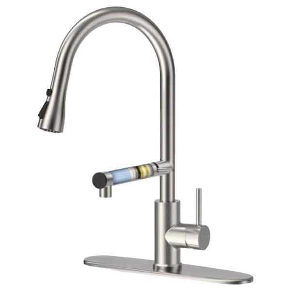 Single Handle Beverage Faucet with Pull Down Sprayer Built-In Water Filter in Brushed Nickel Stainless Steel