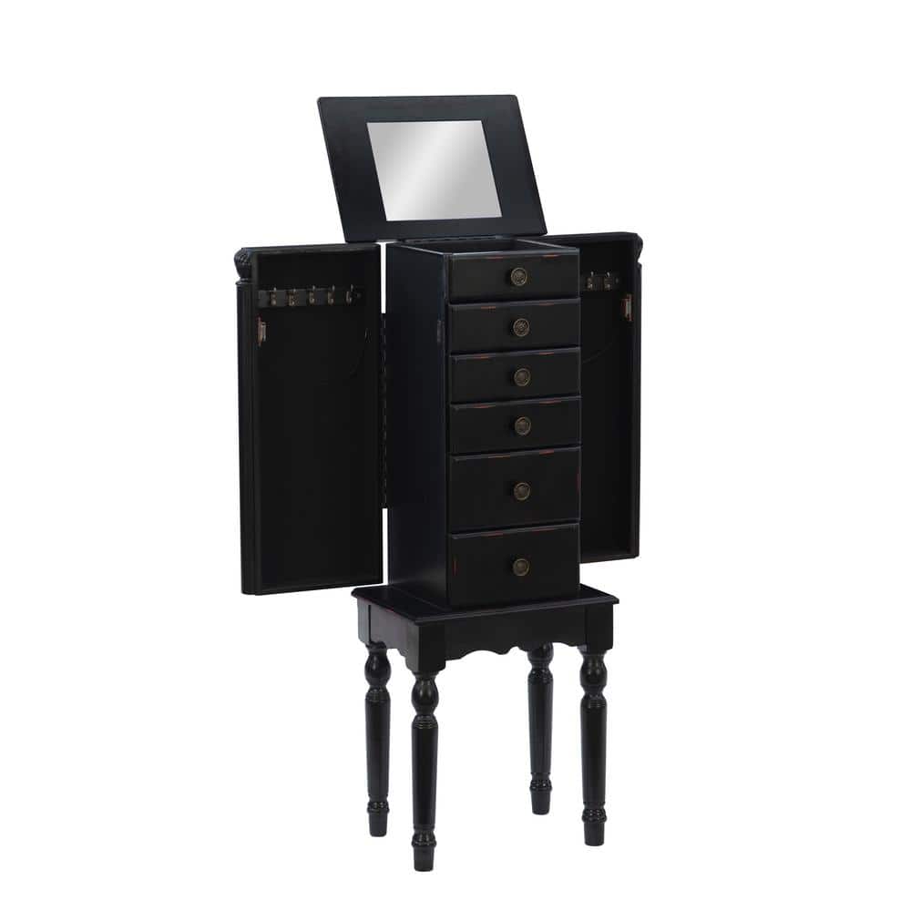 Petite Ebony Black Jewelry Armoire with Mirror and Plush Lining