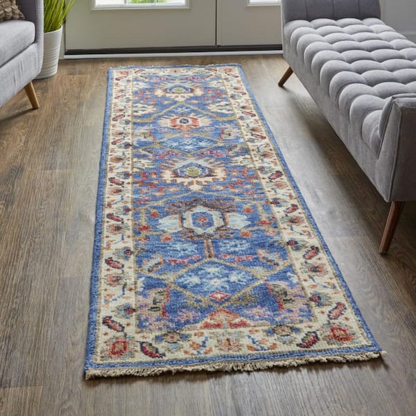 2 ft. x 8 ft. Blue, Beige Floral Runner Rug