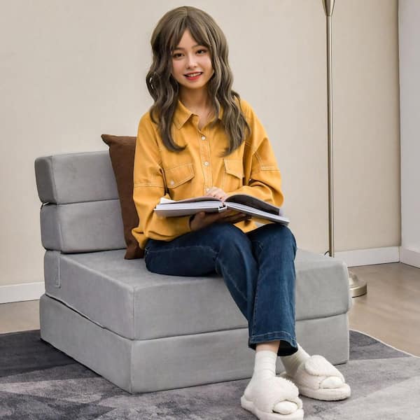 Gray Polyester Tri-Fold Fold Down Chair Flip Out Chaise Lounge Convertible Sleeper Bed Couch Dorm