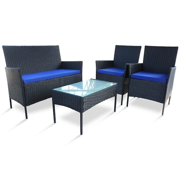 maocao hoom 4-Piece Wicker Patio Conversation Set with Blue Cushions