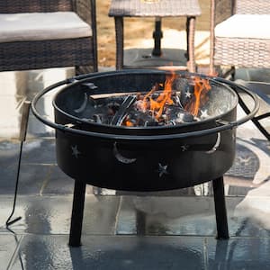 Mystical Star and Moon Carved Outdoor Wood Burning Round Steel Fire Pit Grill with Poker in Black