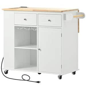 White Kitchen Island with Power Outlet Outdoor Grill Cart Open Storage and Wine Rack 5 Wheels, Adjustable Storage